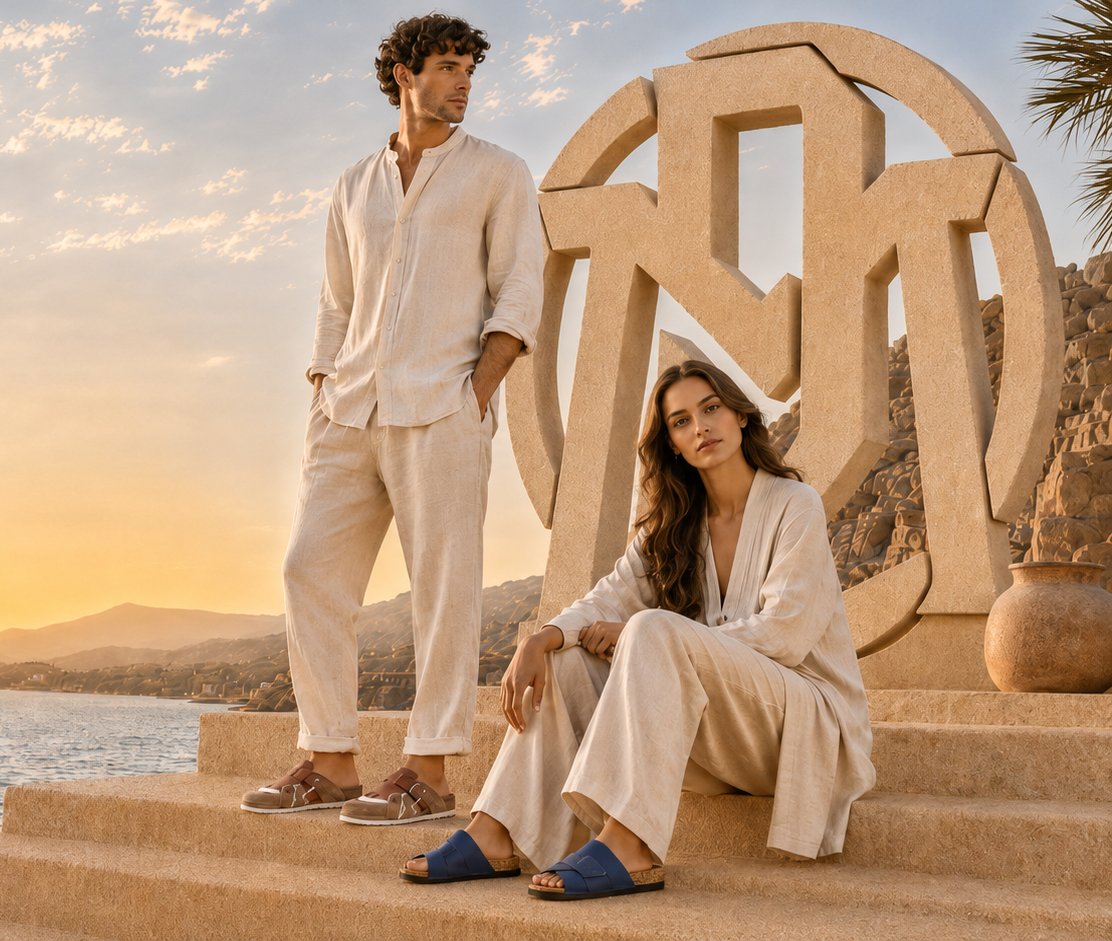 Pellmaro — sabots et sandales en cuir portés au bord de mer, au coucher du soleil